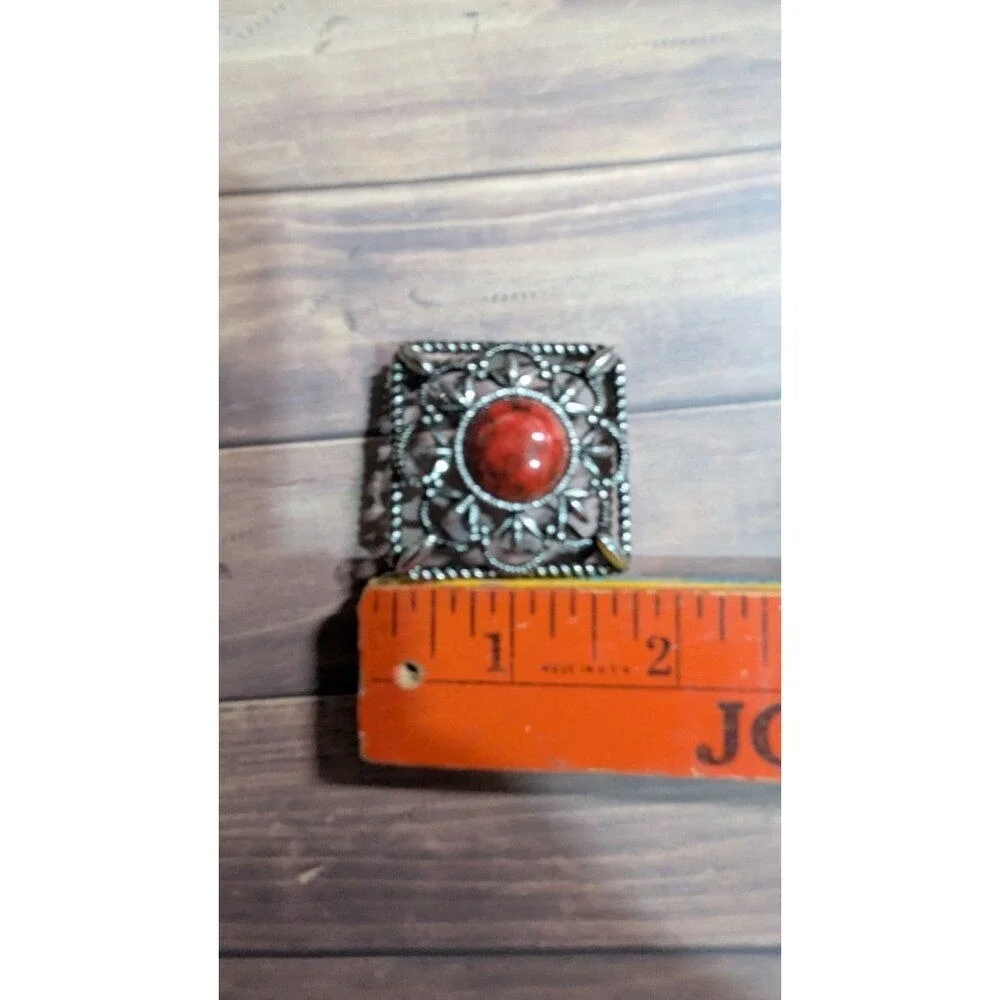 Sarah Coventry Vintage Red Cabochon Silver Tone Square‎ Filigree Brooch Pendant
